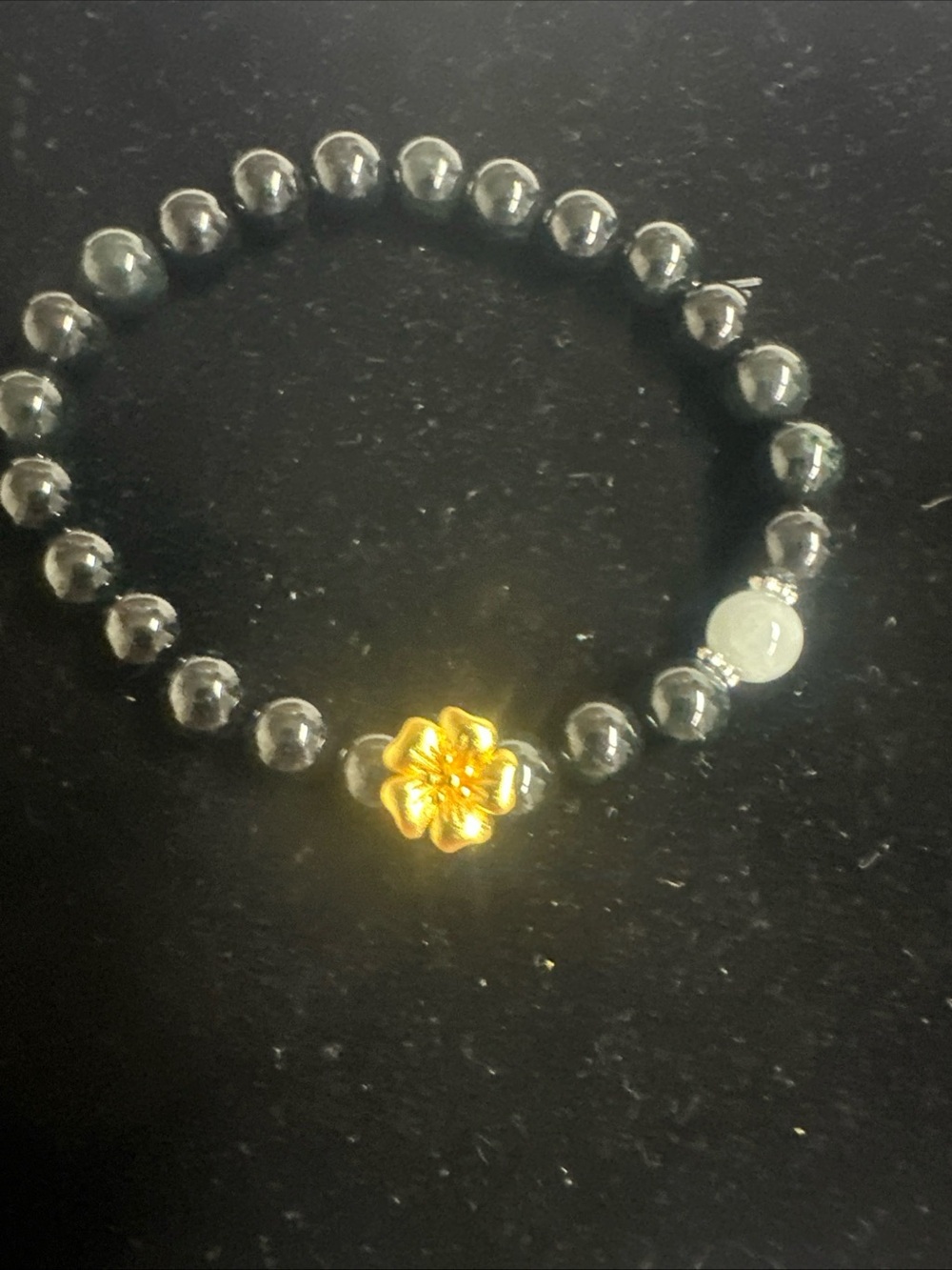 Jade Jadite Gold tone Flower  Bead Bracelet - Women Jewelry